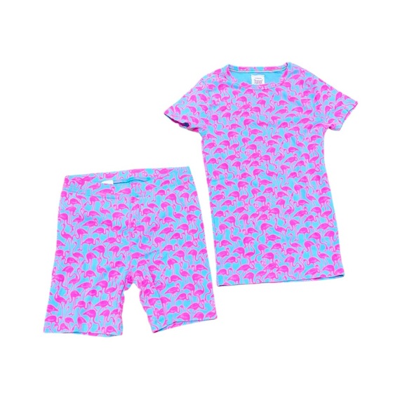 Nwot Crewcuts 2 piece 100% cotton pajama set pink flamingo print blue size 14 - Picture 1 of 5
